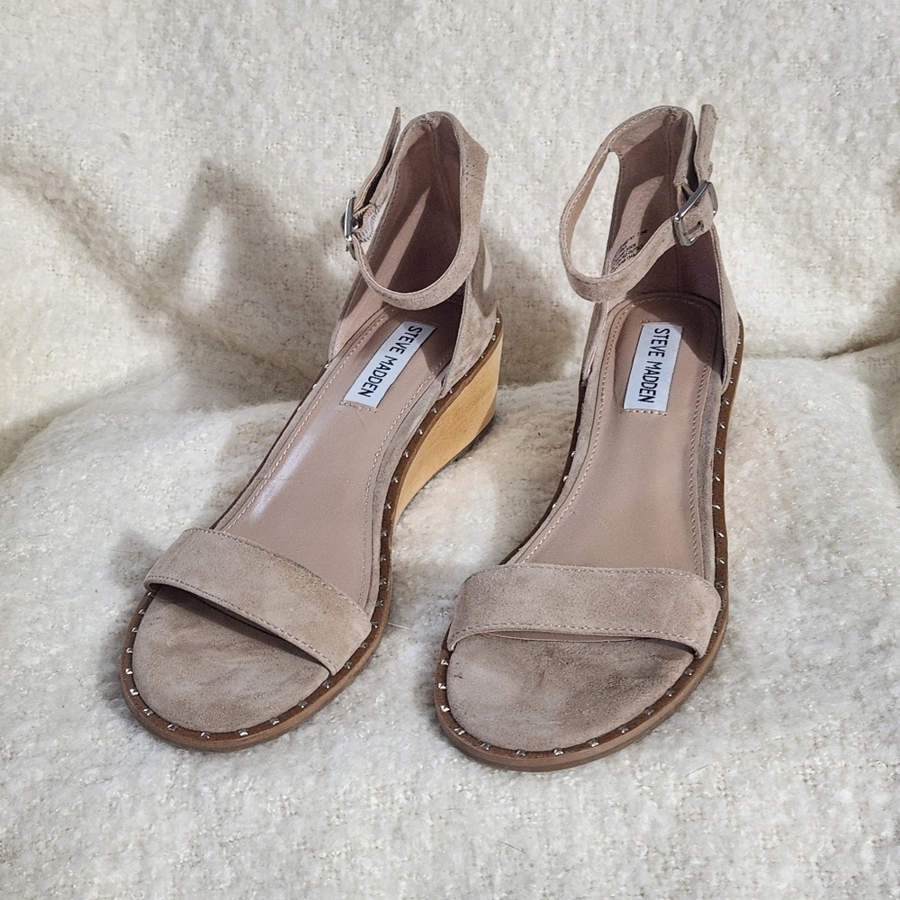 Steve Madden Taupe Suede Ankle-Strap Wedge Sandals